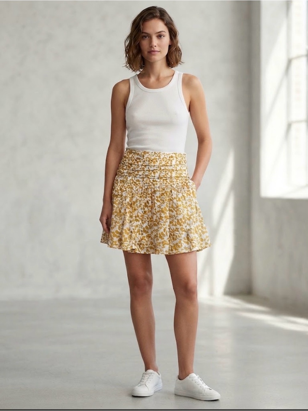 Twentyone Women’s Floral Smocked Waist Mini Skirt in Yellow